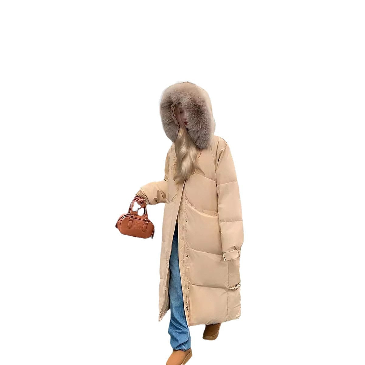 Down Cotton-padded Jacket Women's Mid-length Big Fur Collar
