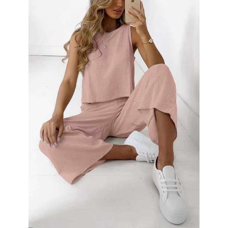 Cotton And Linen Suit Women's Sleeveless Shirt Cropped Wide-leg Pants Two Piece Set