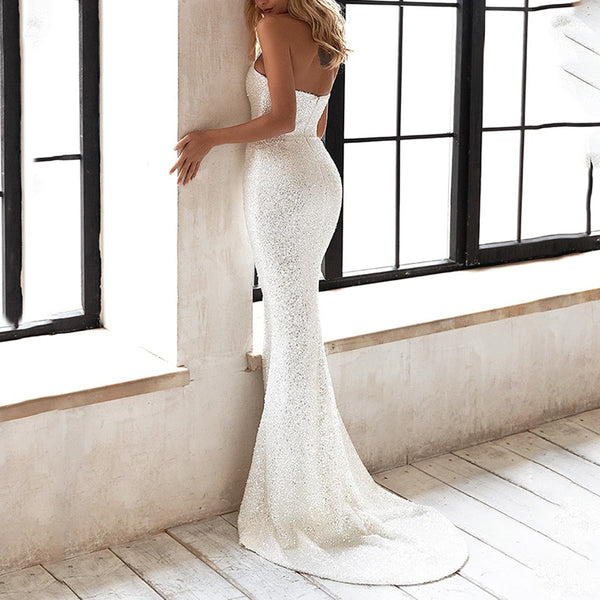 European And American Women's Clothing Slim Fit Fashion Dress Sequins White