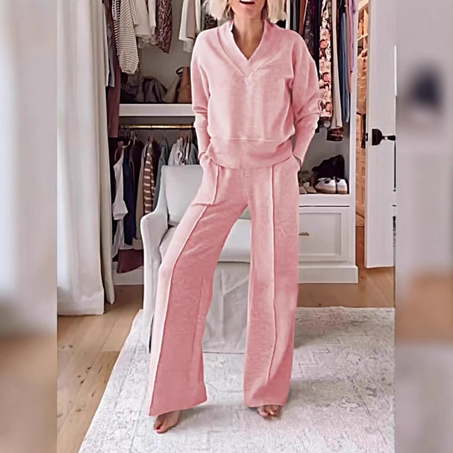 Women's Pullover Suit Casual Collared Long-Sleeved V-neck Top And Loose Straight-Leg Pants Fashion Sweatshirt Sport Trousers Set Main Image