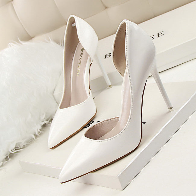 Stiletto patent leather shallow pointed high heels Hover Image