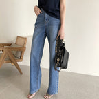 Korean Style Commuter All-match Rolled-up Casual Jeans High Waist Slim Straight Leg Pants Women