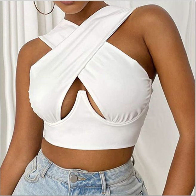 V Neck Cross Cut Zipper Short Umbilical Vest Women