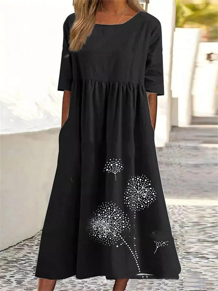 Round Neck Half Sleeve Printed Plus Size Loose Casual Dress