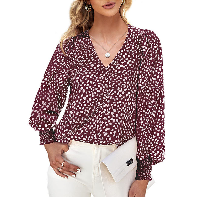 Loose Printed Long Sleeve V-neck Chiffon Shirt For Women Main Image