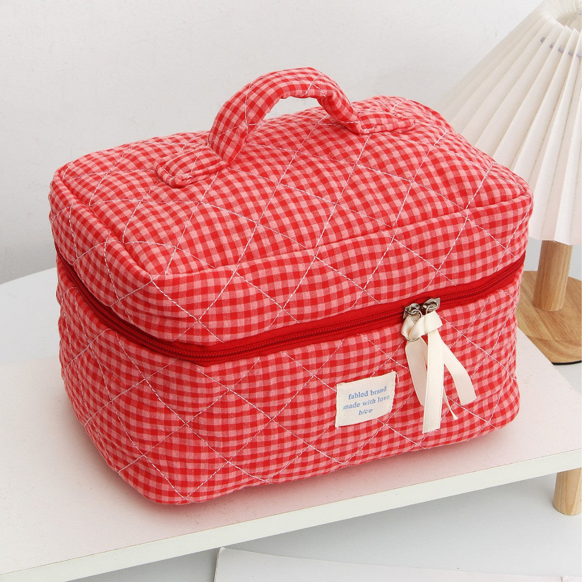 Red Plaid Makeup Bag Portable For Travel