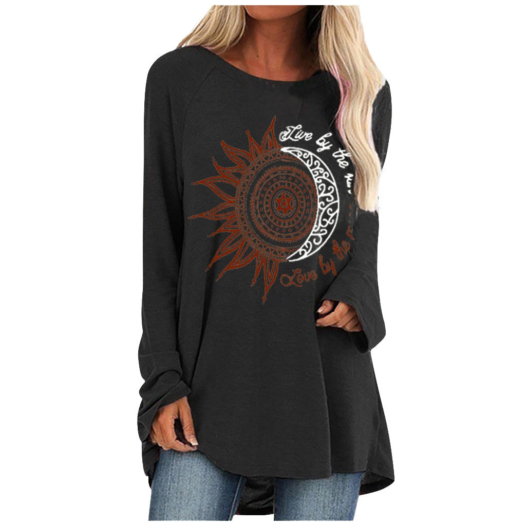 Loose round neck sun flower letter print long sleeve T-shirt