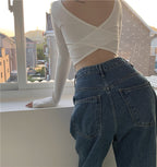 Sexy halter cross white t-shirt women autumn tight-fitting long-sleeved bottoming shirt