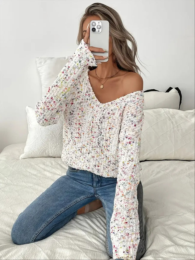 V-Neck Color Block Sweater For Women Main Image