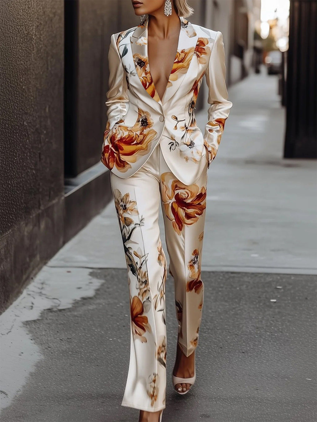 Fashion Printing Satin Long Sleeve Suit Two-piece Set
