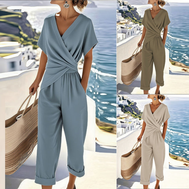 Women's Two Pieces Set Fashion Solid Color Irregular Short Sleeve Suit Summer Fashion V Neck Slim Office Suit Casual Pleated Irregular Top And Pants Female Outfit Hover Image