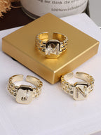 Glossy A-Z Initial Letter Rhinestones Square Chunky Watchband Link Chain Ring for Women Boutique Jewelry