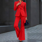 One Button Waist Cinched Belted Flared Pants Suit Set