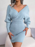 Cross V-Neck Batwing Sleeve Bodycon Sweater Dress