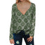 Printed V-Neck Long-Sleeved Drawstring Shirt Top Women