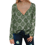 Printed V-Neck Long-Sleeved Drawstring Shirt Top Women