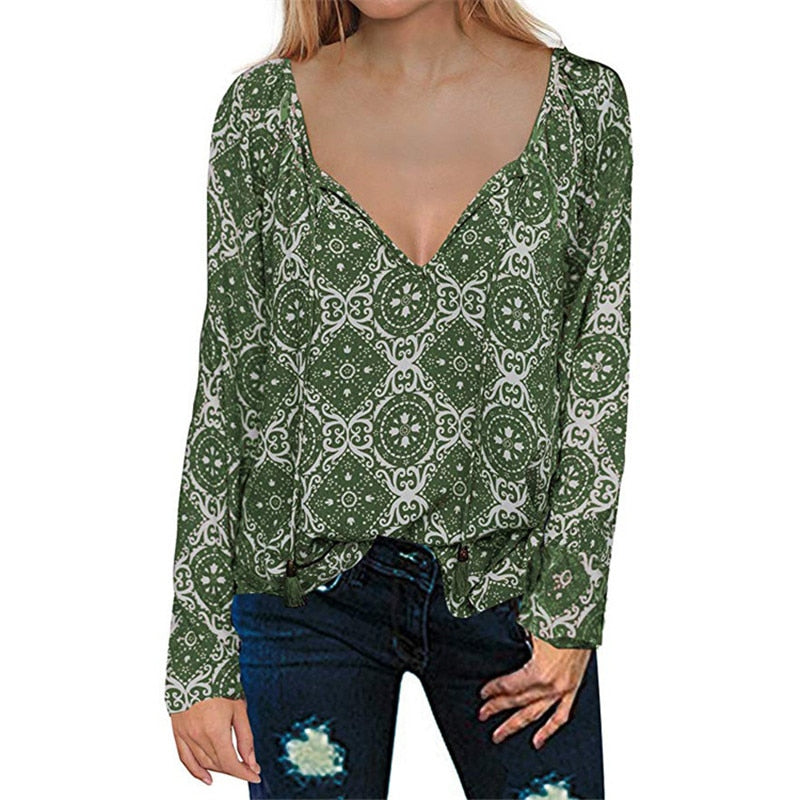 Printed V-Neck Long-Sleeved Drawstring Shirt Top Women