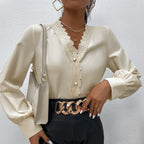 Simple Elegant Eyelash Lace Stitching V-neck Shirt For Women