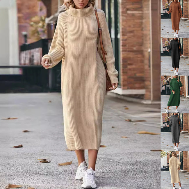 Winter Turtleneck Knitted Sweater Dress Fashion Solid Loose Pullover Long Dresses For Women Clothing Hover Image