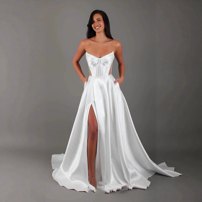 White Satin Slit Pocket Bandage Wedding Dress Hover Image