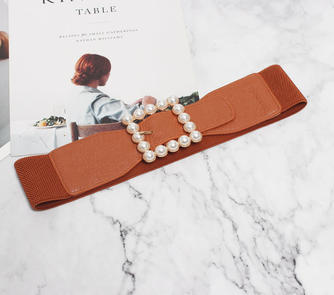 Pearl buckle black wide waist women Main Image