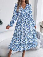 Women's Elegant Floral Cross V-Neck Waist-Defined Hem Ruffle Maxi Dress