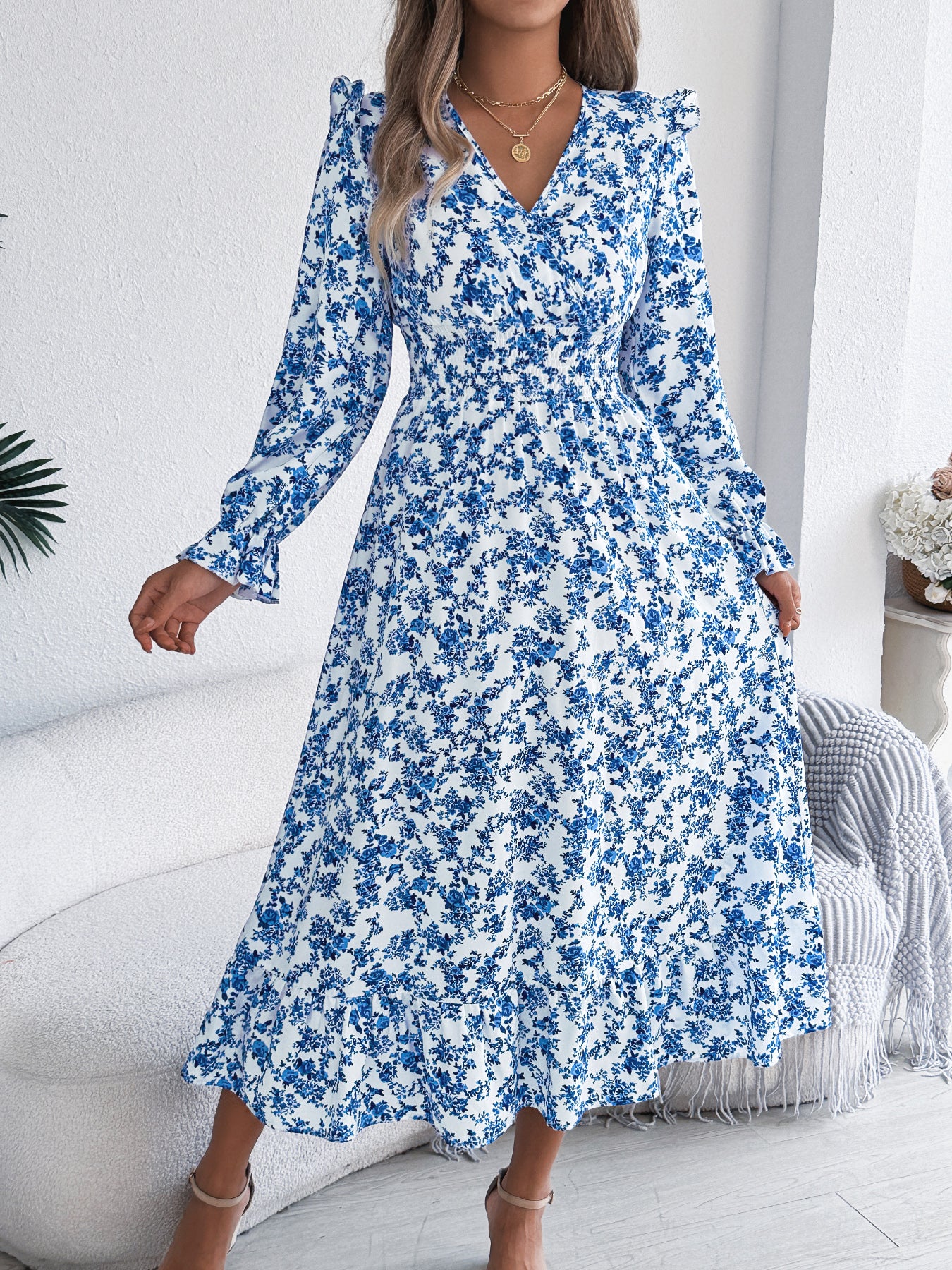 Women's Elegant Floral Cross V-Neck Waist-Defined Hem Ruffle Maxi Dress