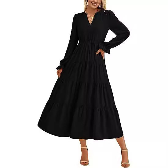 Autumn Layered Ruffled Flowy Long Dress Hover Image
