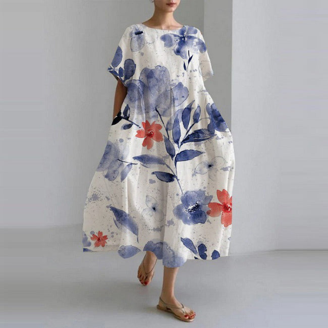 Loose Round Neck Fashion Advanced Short Sleeve Printing Dress Hover Image