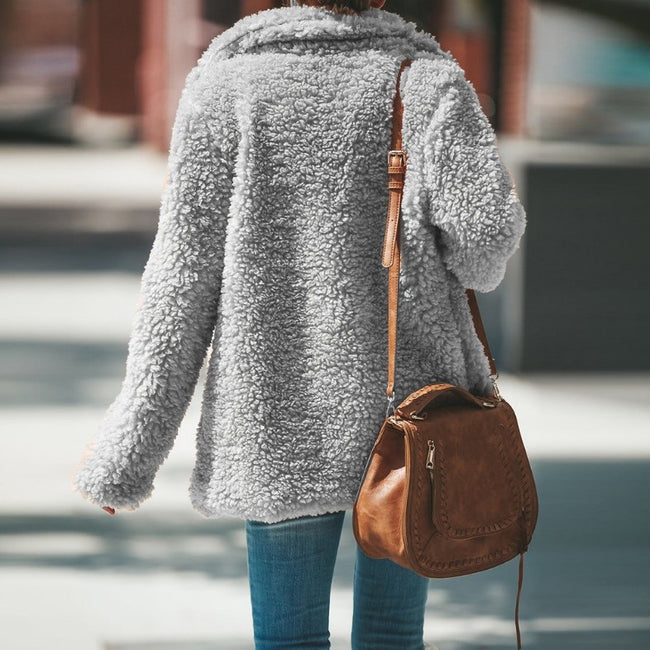 Lapel Long Sleeve Fluffy Furry Faux Fur Jackets Woman Overcoat Main Image