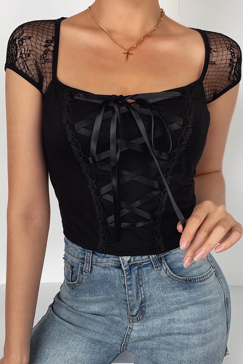 Lace stitching sexy strappy t-shirt women