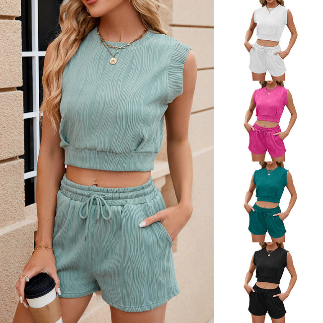 Solid Color Wave Pattern Design Suit For Women Casual Round Neck Sleeveless Top And Drawstring Design Shorts Fashion 2-piece Set Summer Clothing Hover Image