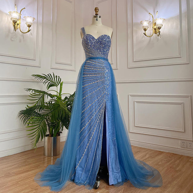 Blue Handmade Beaded Split Shoulder Fishtail Dress Main Image
