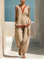 Summer Contrast-Colored Wide-Leg Pants Suit Womens Cotton-Linen Fashionable Two-Piece Set