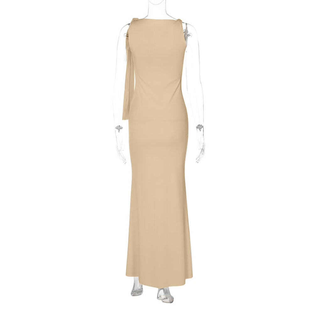 One-shoulder Ribbon Long Dress Ins Fashion Slim Sleeveless Dresses For Evening Party Club Clothing Women