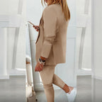 Women's Solid Color Long Sleeve Suit Set - Stylish Notch Lapel Blazer With Pockets & Drawstring Waist Pants, Spring&Fall Business Casual Outfit