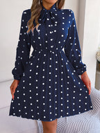 Women's Polka Dot Tie-Waist Long Sleeve Pleated Maxi Dress