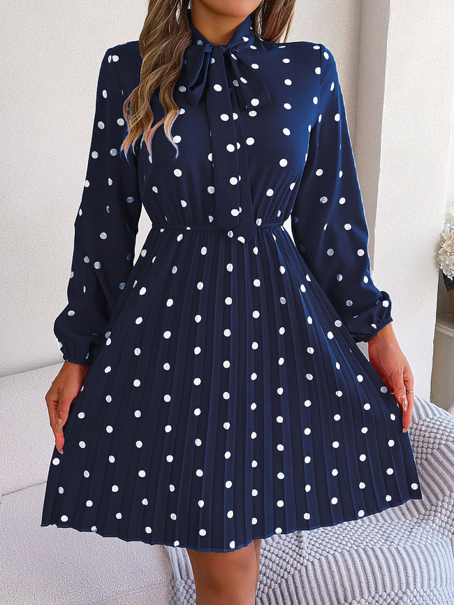 Women's Polka Dot Tie-Waist Long Sleeve Pleated Maxi Dress Main Image