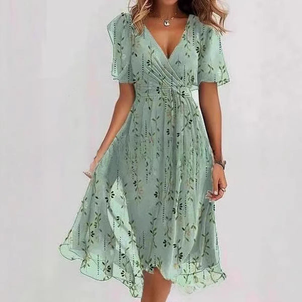 Flowers Printed V-neck Dress Summer A-line Short-sleeved Dresses For Women Main Image