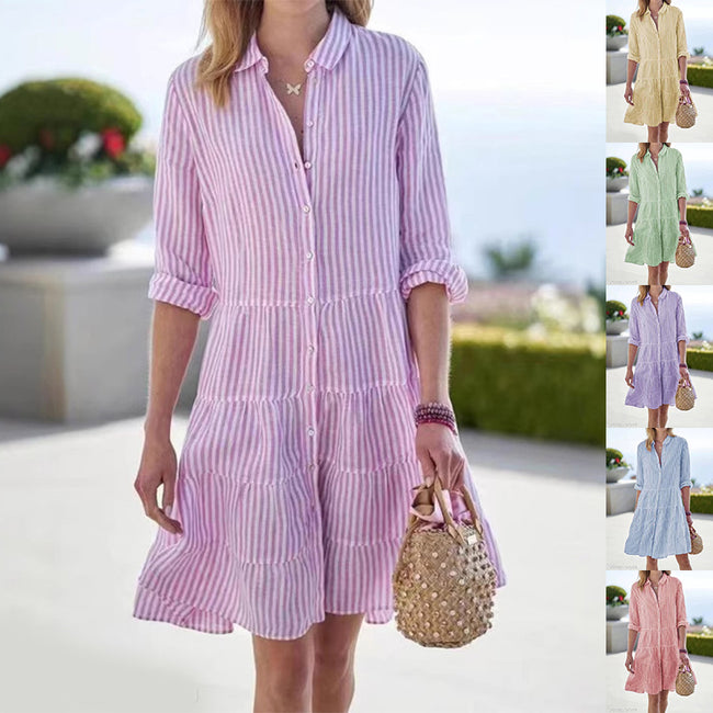 Ins Striped Long-sleeved Shirt Dress Fashion Lapel Button Dresses For Women Hover Image