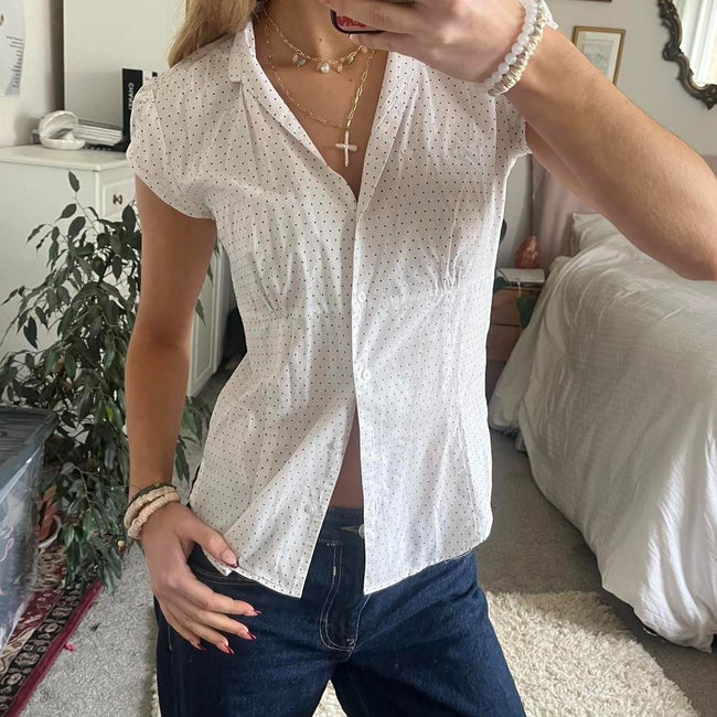 Red And White Short Sleeve Plaid Shirt Women Hover Image