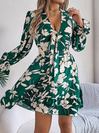 Women's Floral Long Sleeve Scalloped Hem A-Line Dress