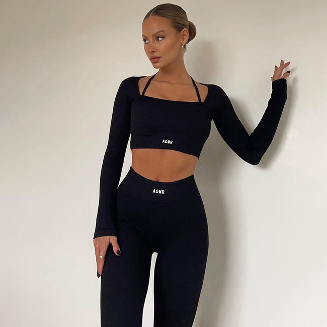 Solid Color Knitted Letter Body-hugging Suit Round Neck Long Sleeve Short Top High Waist Skinny Leggings Two-piece Set Main Image