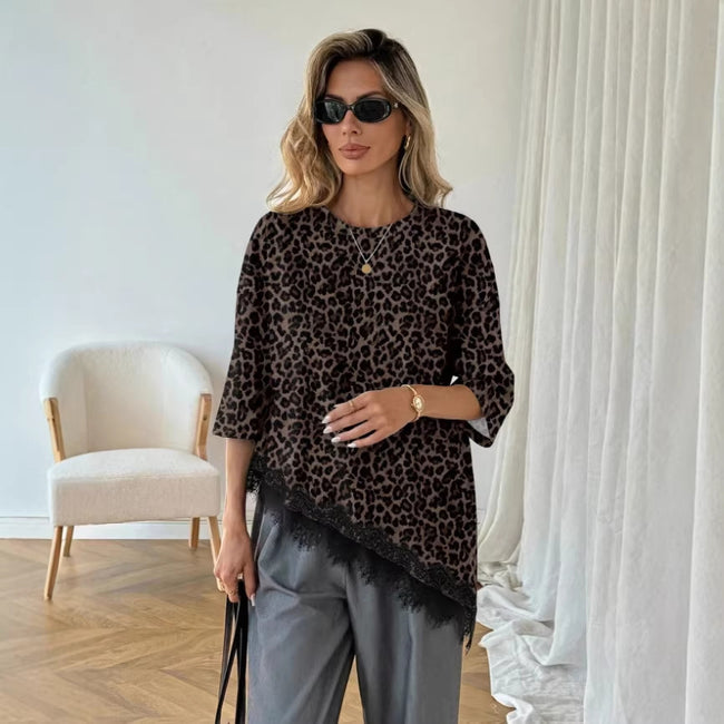 Polka-dot Top Asymmetric Lace-panel T-shirt For Women Hover Image