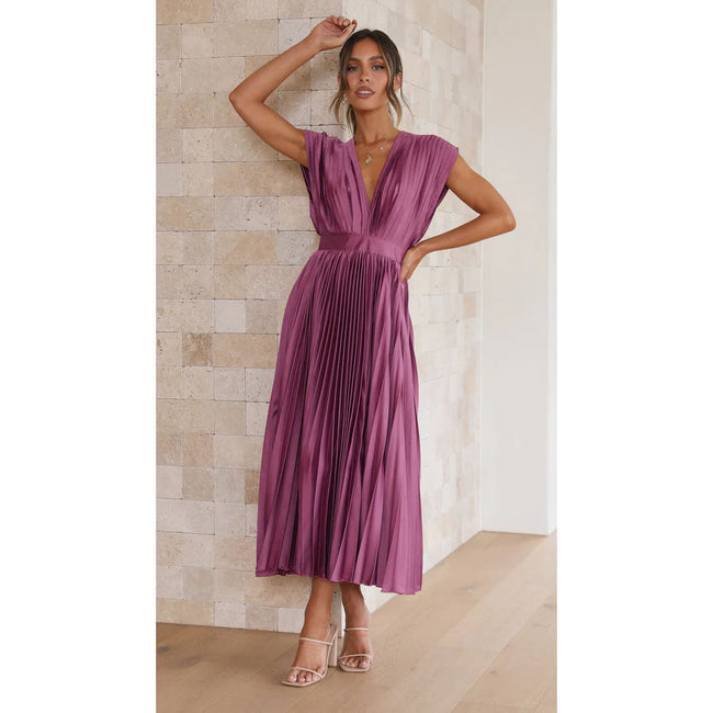 Summer V-neck Pleated Dress INS Fashion Casual Loose Zip Sleeveless Dresses For Women Clothing Main Image