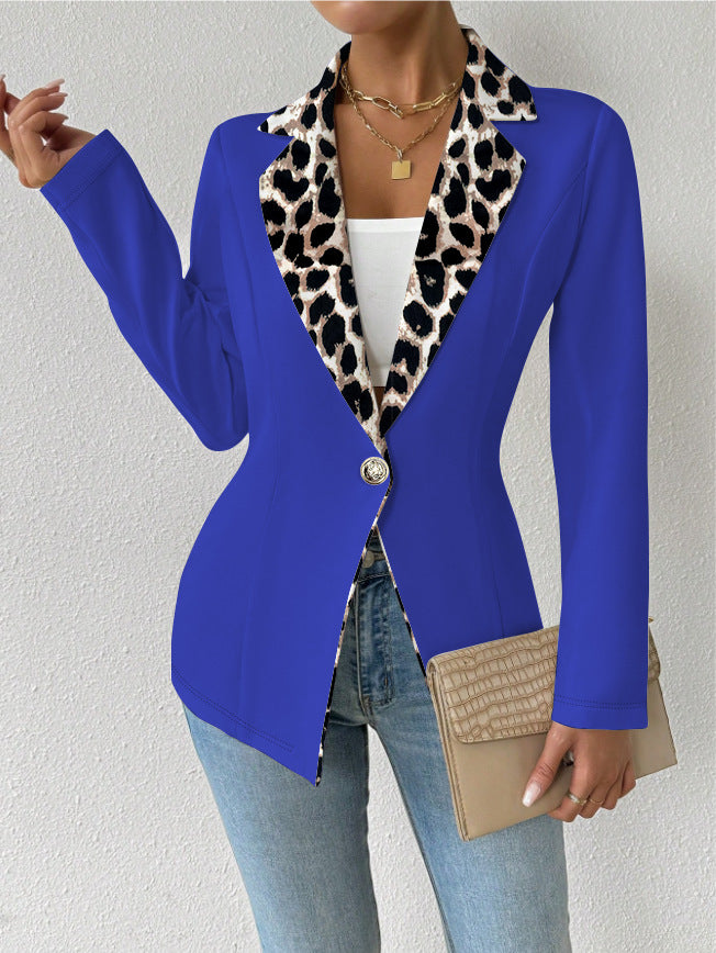 Womens Elegant Leopard-Print Long-Button Printed Blazer