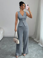 Summer Sleeveless Suit Slim V-neck Vest And High Waist Trousers Women's Two-piece Set
