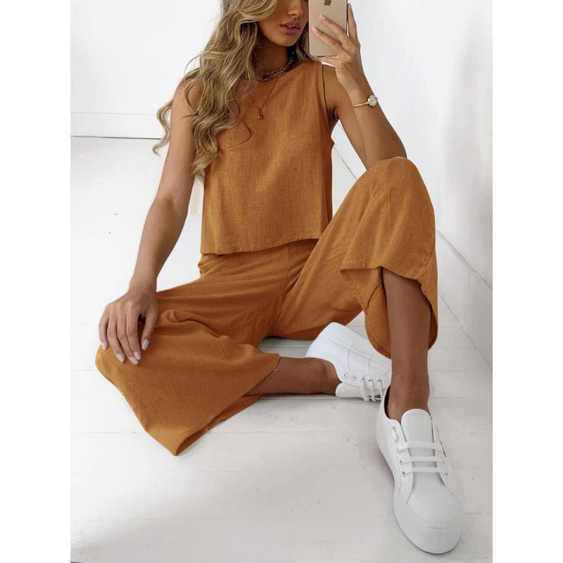 Cotton And Linen Suit Women's Sleeveless Shirt Cropped Wide-leg Pants Two Piece Set