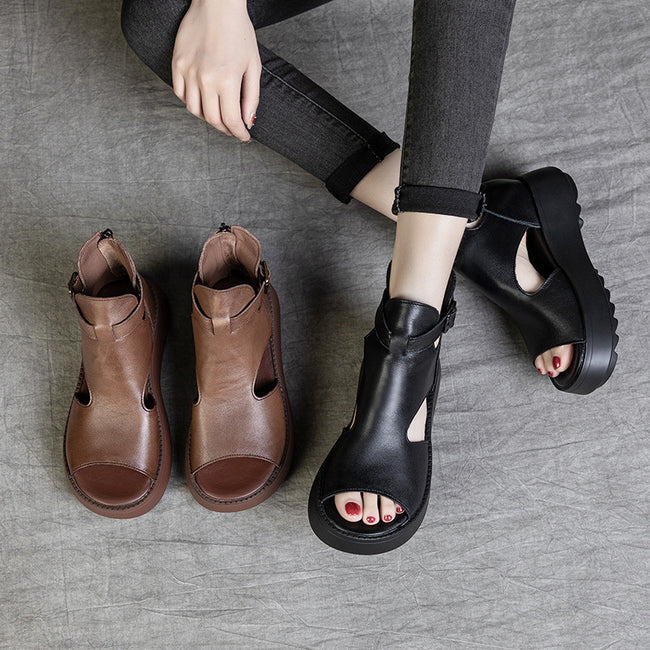 Summer New Retro First Layer Cowhide Back Empty Peep Toe Sandals For Women Hover Image