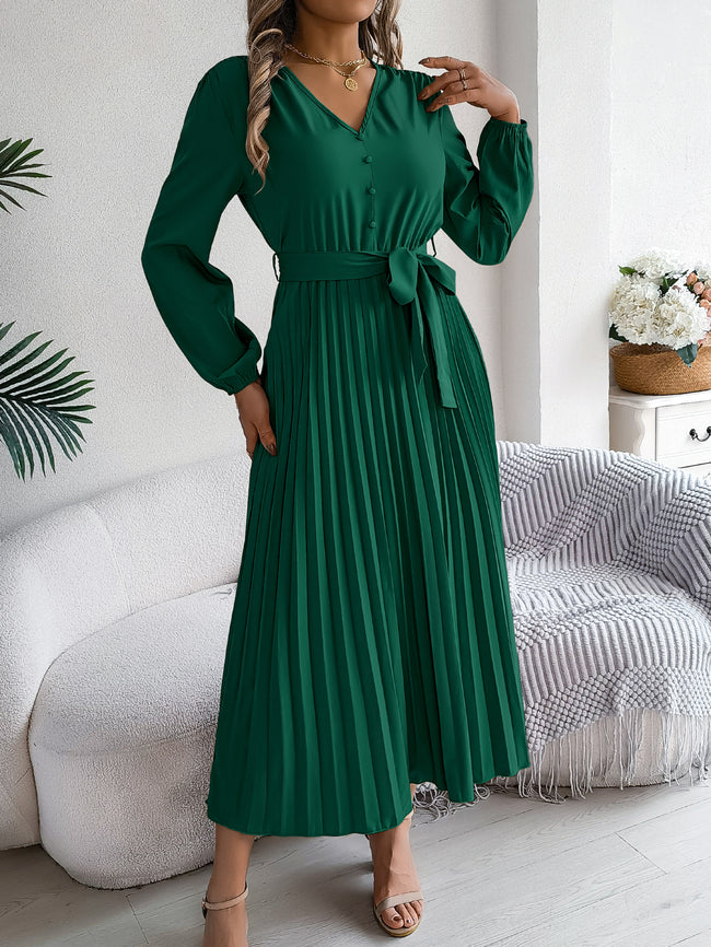 Women's Elegant V-Neck Button Tie-Waist Flared Pleated Maxi Dress Main Image